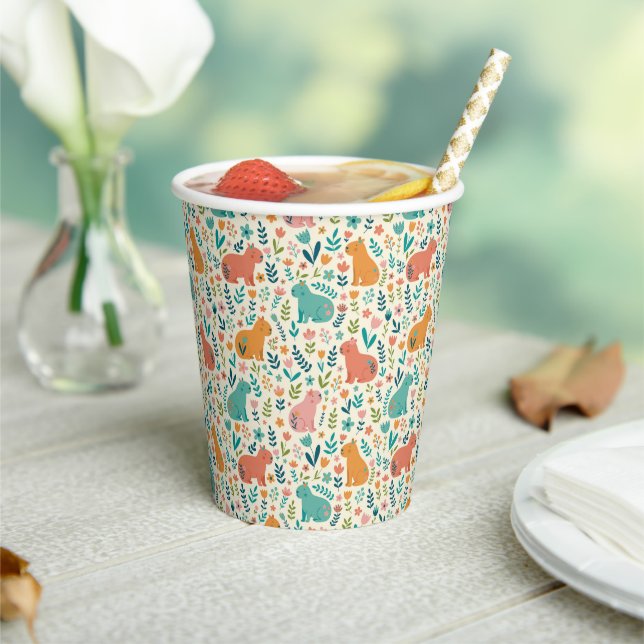 Hand Drawn Floral Capybara Paper Cups (Insitu)