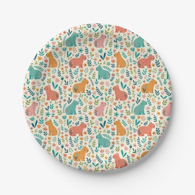 Hand Drawn Floral Capybara Paper Plates (Front)