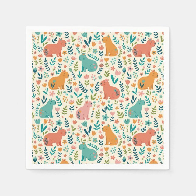 Hand Drawn Floral Capybara Paper Plates Napkin (Front)