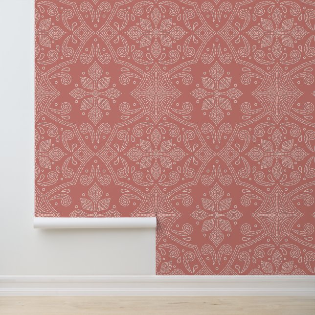 Hand-drawn Floral Damask Line Art, Terracotta Wallpaper (Application)