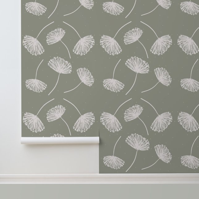 Hand Drawn Floral Dandelions Sage Green Wallpaper (Stylish Rustic Dandelions Peel and Stick Wallpaper.)