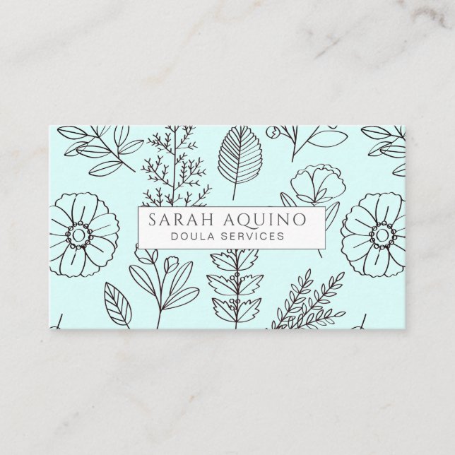 Hand Drawn Floral Doodle Doula Aqua Birth Coach Business Card (Front)