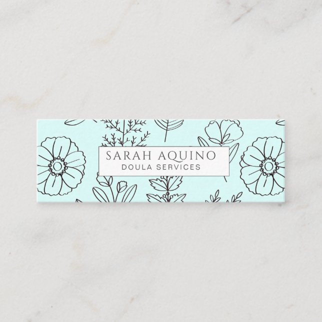 Hand Drawn Floral Doodle Doula Aqua Birth Coach Mini Business Card (Front)