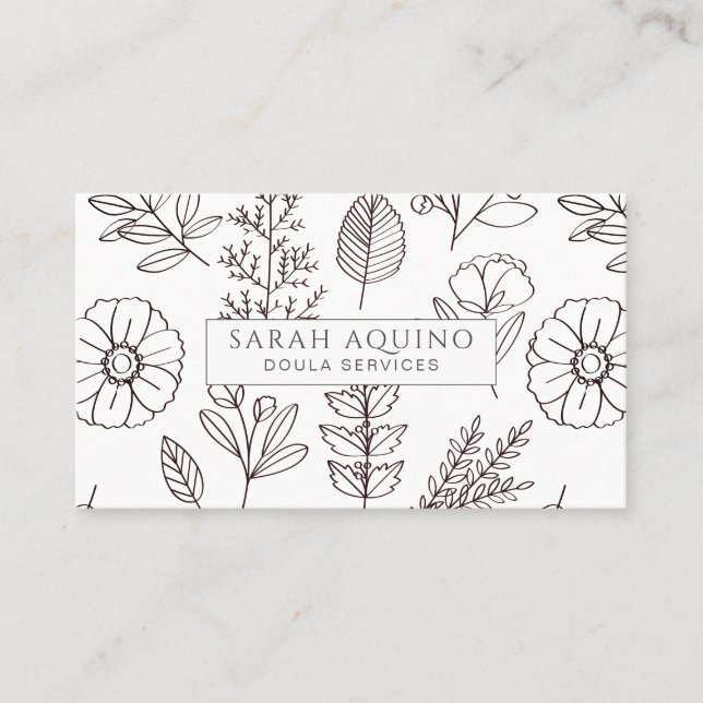 Hand Drawn Floral Doodle Doula White Birth Coach B Business Card (Front)