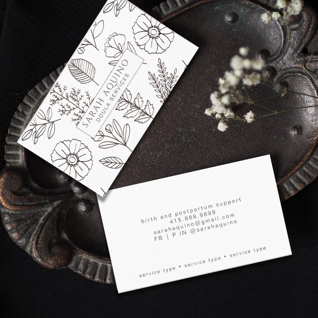 Hand Drawn Floral Doodle Doula White Birth Coach Business Card (Creator Uploaded)