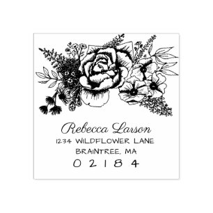 Hand Drawn Floral Etching Return Address Rubber Stamp
