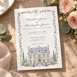 Hand Drawn Floral French Chateau Garden Wedding Invitation