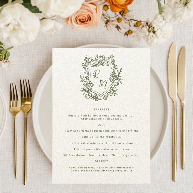 Hand Drawn Floral Green Monogram Crest Wedding Menu (Creator Uploaded)