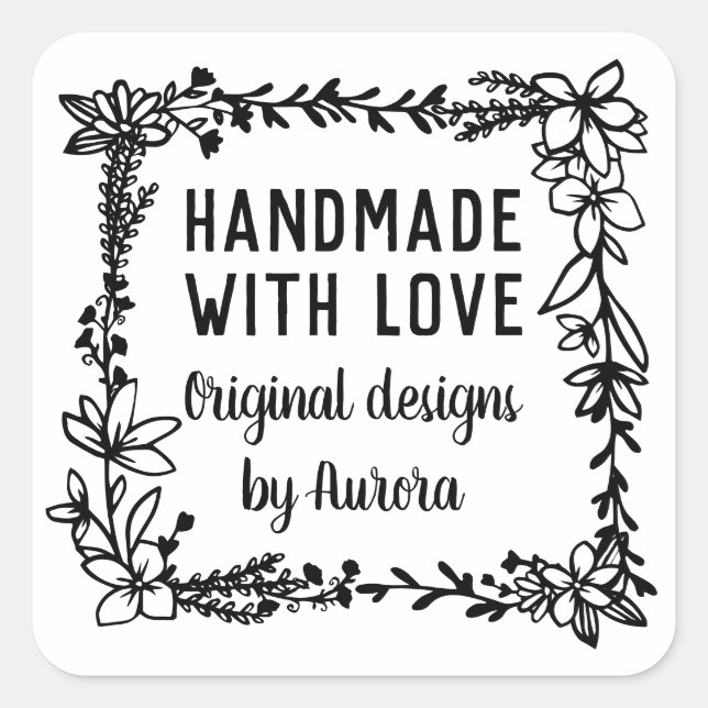 Hand Drawn Floral Square Handmade With Love Square Sticker (Front)