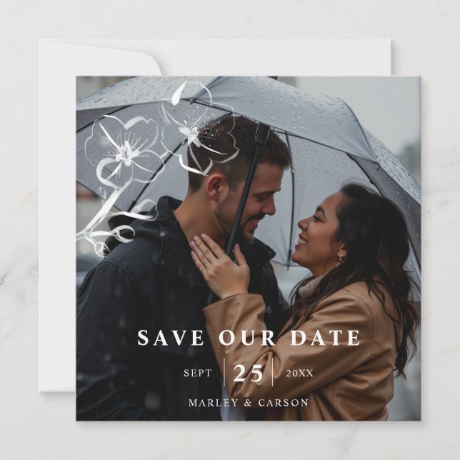 Hand Drawn Floral Wedding QR Code Photo Square Save The Date (Front)