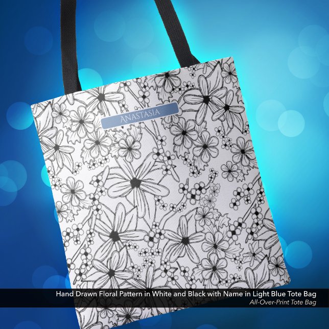 Hand Drawn Floral White Black Pattern & Blue Name Tote Bag (Tote Bag: Hand Drawn Floral Pattern in Black White, Personalized with Name in Light Blue)