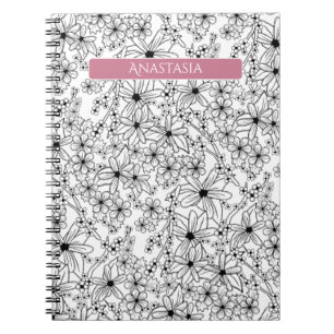 Hand Drawn Floral White Black Pattern & Pink Name Notebook