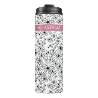 Hand Drawn Floral White Black Pattern & Pink Name Thermal Tumbler