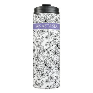 Hand Drawn Floral White Black Pattern Purple Name Thermal Tumbler