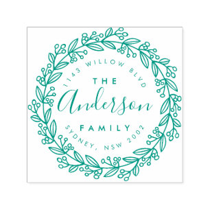 Hand Drawn Floral Wreath Family Return Address Self-inking Stamp