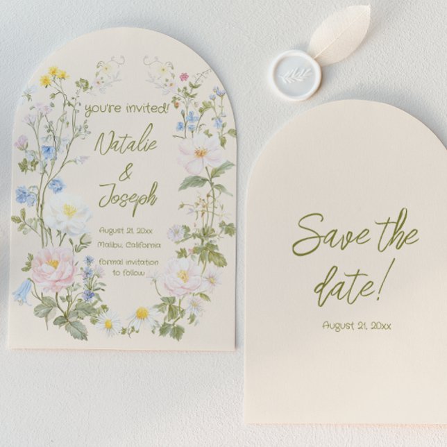 Hand Drawn Floral Wreath Summer Arched Wedding Save The Date (Creator Uploaded)