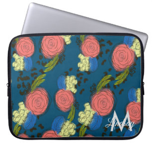 Hand Drawn Florals Blue Animal Print Laptop Sleeve