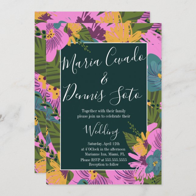 Hand  Drawn Florals Wedding Bold Pink Greenery  Invitation (Front/Back)