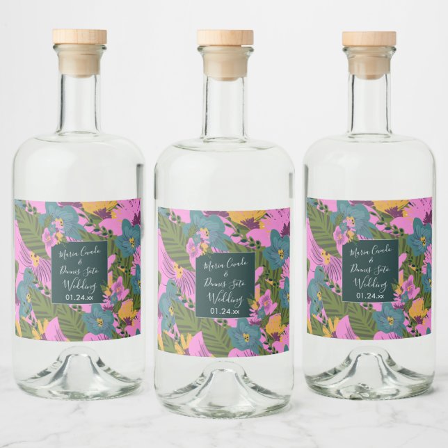 Hand  Drawn Florals Wedding Bold Pink Greenery    Liquor Bottle Label (Bottles)