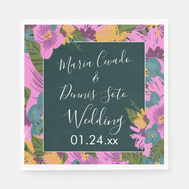 Hand  Drawn Florals Wedding Bold Pink Greenery  Napkin (Front)