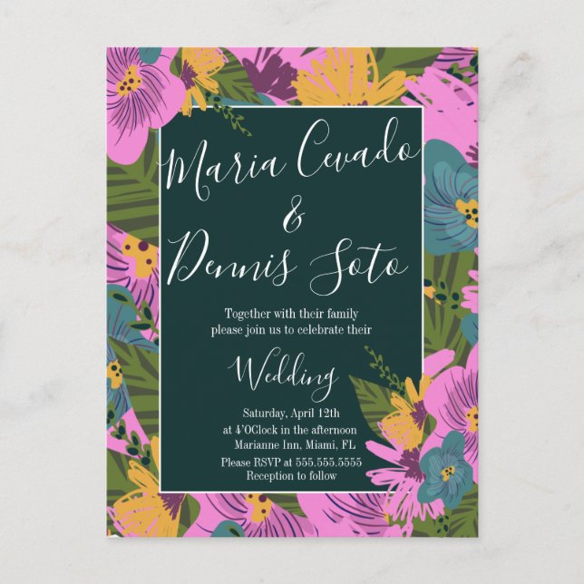 Hand  Drawn Florals Wedding Bold Pink Greenery  Postcard (Front)