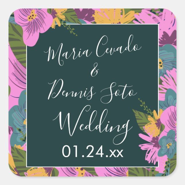 Hand  Drawn Florals Wedding Bold Pink Greenery   Square Sticker (Front)