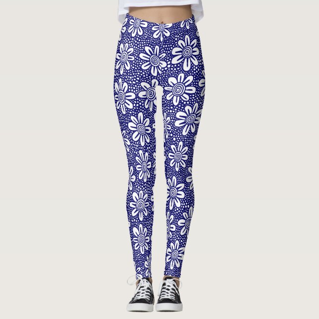 Hand Drawn Flower Pattern 140617 - Deep Navy Leggings (Front)