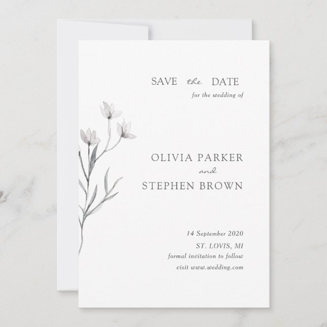 Hand-drawn flower. Simple Modern white Wedding Save The Date (Front)