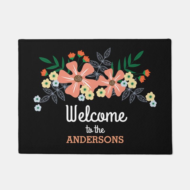 Hand Drawn Flowers Add Name Doormat (Front)