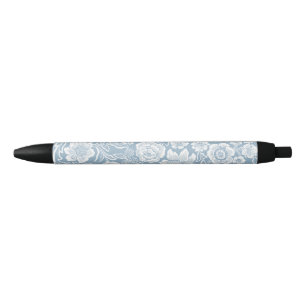 Hand-drawn Flowers,Blue Grey White Botanical Art Black Ink Pen