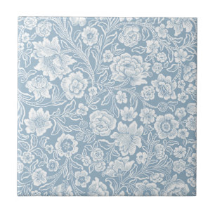 Hand-drawn Flowers,Blue Grey White Botanical Art Ceramic Tile