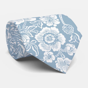 Hand-drawn Flowers,Blue Grey White Botanical Art Tie