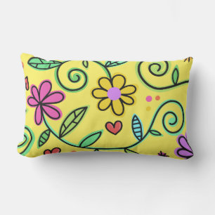 Hand Drawn Flowers Colourful Floral Yellow Lumbar Cushion