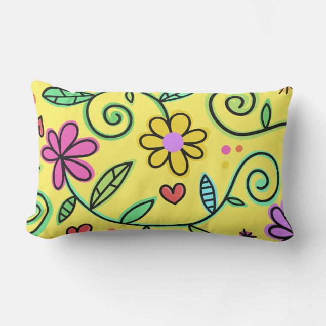 Hand Drawn Flowers Colourful Floral Yellow Lumbar Cushion (Front)