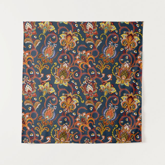 Hand Drawn Flowers: Colourful Navy Pattern Tapestry (Front)