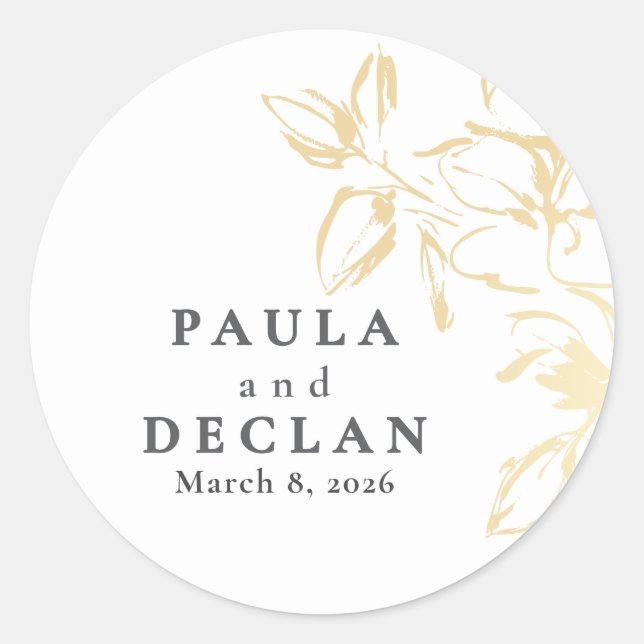 Hand-drawn Flowers Elegant Gold Wedding Classic Round Sticker (Front)