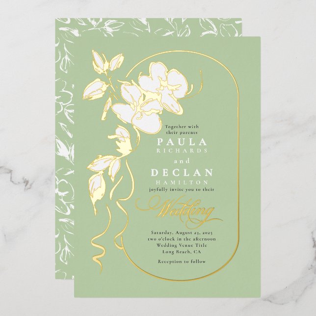 Hand-drawn Flowers Elegant Sage Green Wedding (Front/Back)