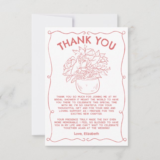Hand Drawn Flowers Frame Coral Red Thank You Card (Front)