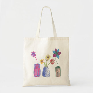 Hand drawn flowers in vase tote bag