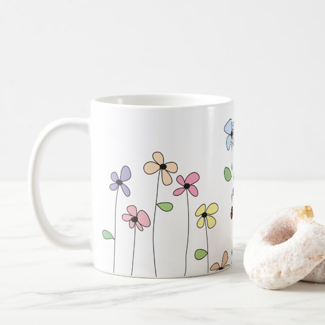 Hand Drawn Flowers & Ladybug Mug (With Donut)