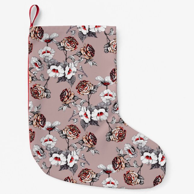 Hand-drawn flowers, pink watercolor pattern. small christmas stocking (Front)