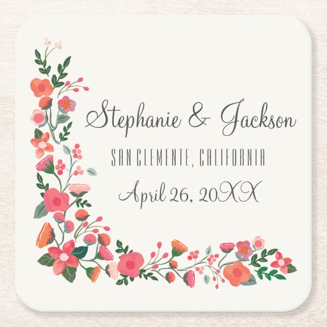 Hand Drawn Flowers Square Paper Coaster (Front)