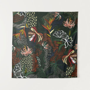Hand-drawn flowers, tropical palm forest. tapestry
