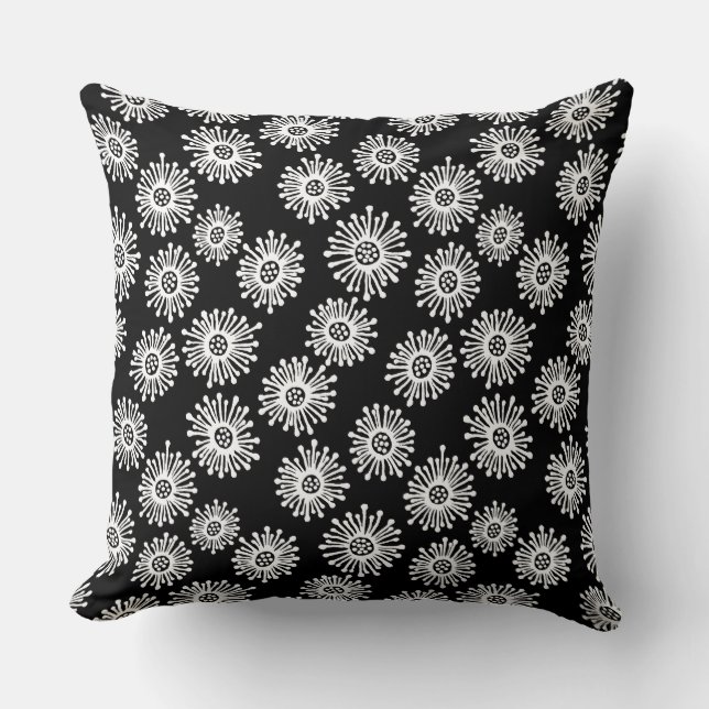 Hand Drawn Flowers - White on Black Cushion (Front)