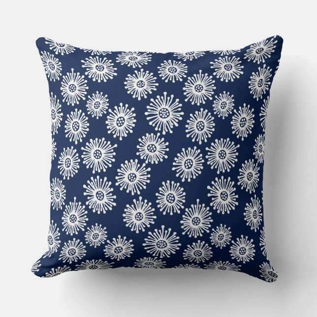 Hand Drawn Flowers - White on Dark Blue 001744 Cushion (Front)