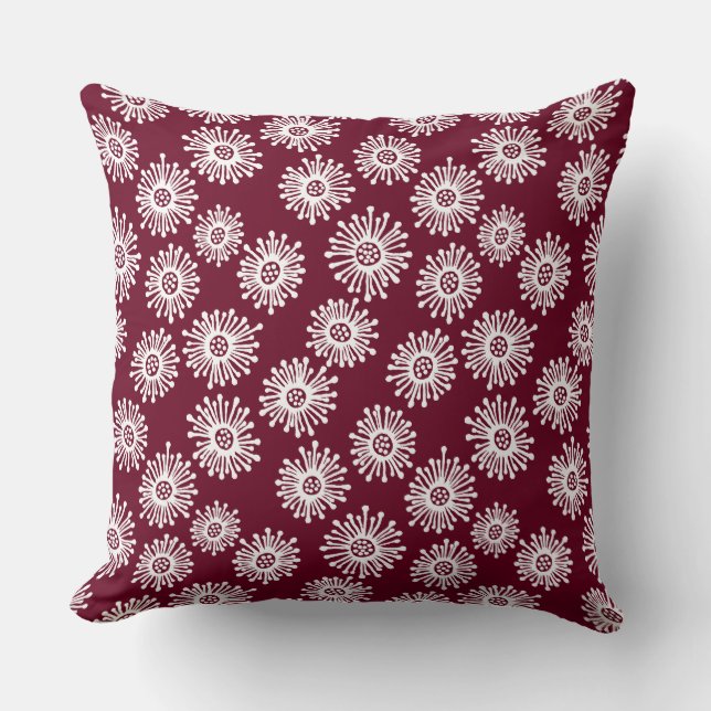 Hand Drawn Flowers - White on Deep Crimson 65001d Cushion (Front)