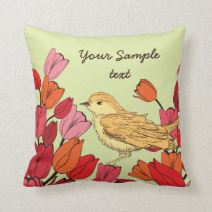 Hand Drawn Flowery Bird Background Throw Pillows