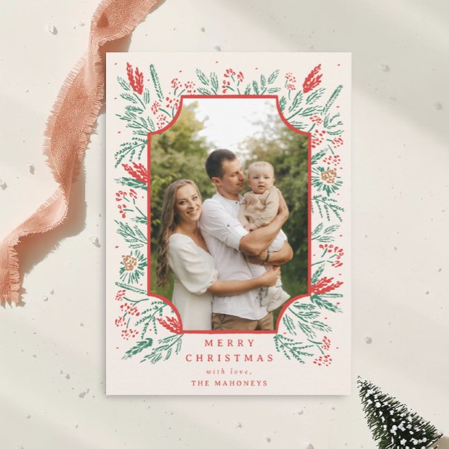 Hand Drawn Foliage Border Photo Holiday Card (Creator Uploaded)