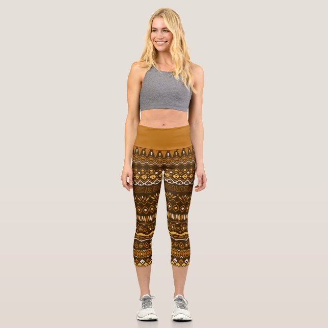 Hand Drawn Folk Pattern in Brown Tones  Capri Leggings (Front)