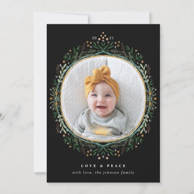 Hand-Drawn Folk Wildflower Wreath Holiday Photo Card (Front)